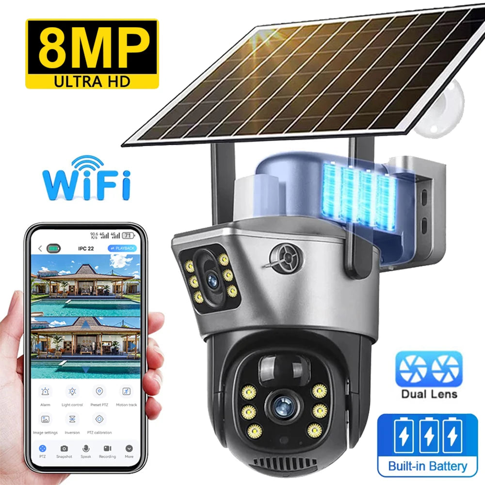 4K 8MP Wifi Solar Camera Dual Lens Dual Screen CCTV Camaras PIR Human Detection Night Vision  Surveillance Battery Cameras